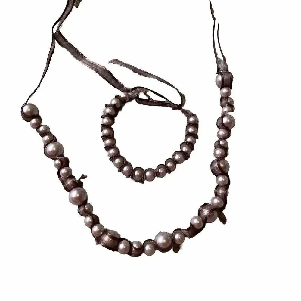 Set Of Knotted Faux Pearls Matching Necklace And Bracelet Jewelry Set